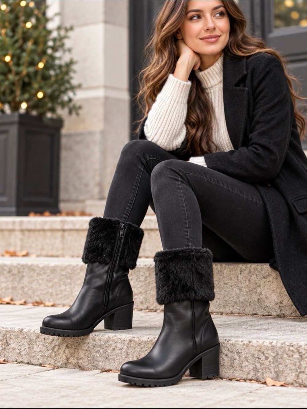 AEROSOLES Black Faux-Fur Cuff Mid-Calf Block Heel Boots